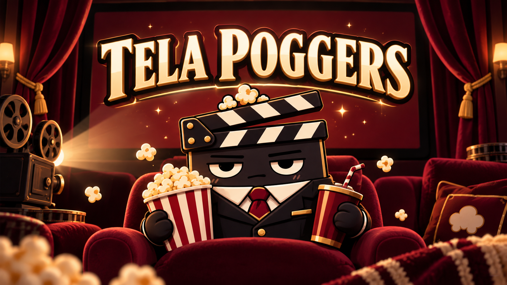 Mascote da Tela Poggers acomodado em uma sala de cinema